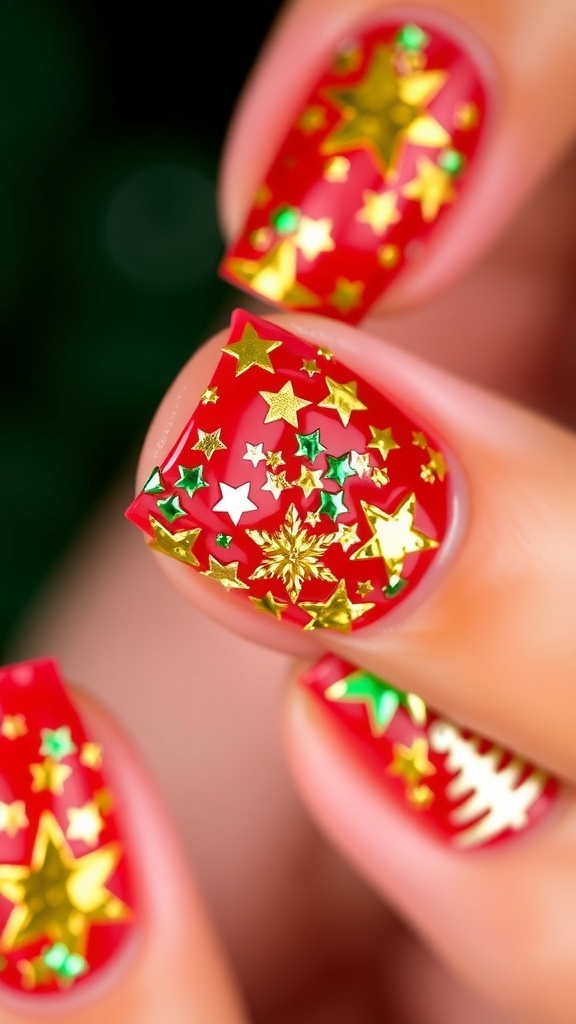 Close-up of Christmas-themed nail art with red polish and sparkling paillettes.